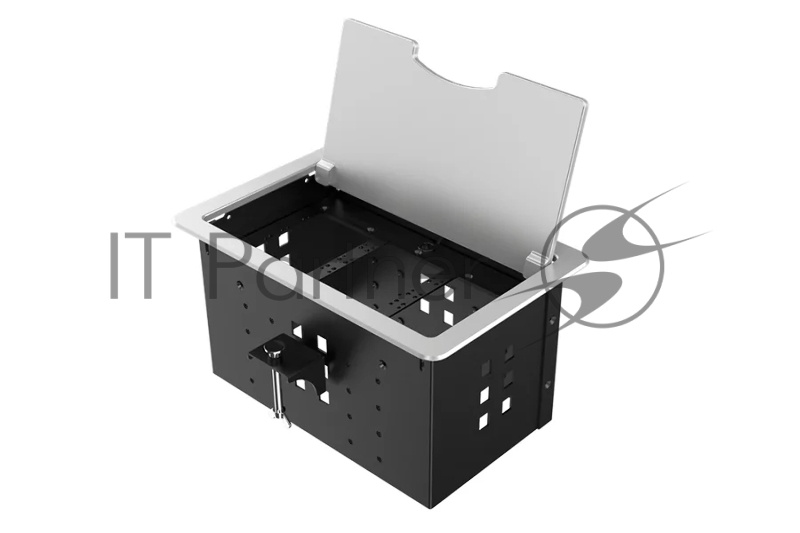 Прямоугольный металлический корпус Wize Pro WRTS-12BOX-S для модульной системы врезного лючка в стол с откидывающейся крышкой, до12 модулей-вставок, беспроводная зарядка 10Вт для моб.устройств на крышке, преустановленная рамка,серебр.