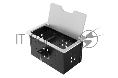 Прямоугольный металлический корпус Wize Pro WRTS-12BOX-S для модульной системы врезного лючка в стол с откидывающейся крышкой, до12 модулей-вставок, беспроводная зарядка 10Вт для моб.устройств на крышке, преустановленная рамка,серебр.