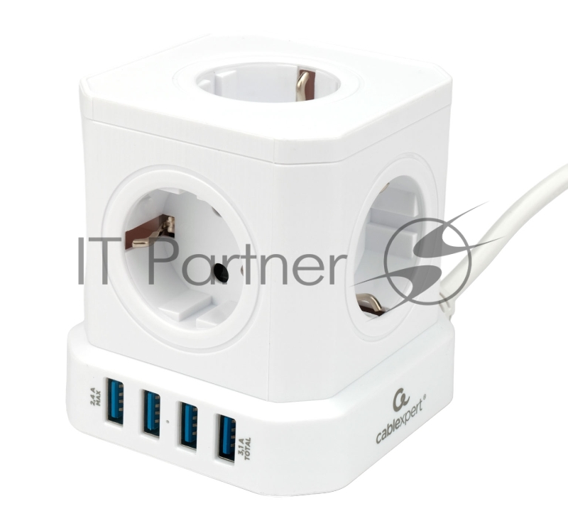 Сетевой фильтр Cablexpert Tower TWR-5-U4-W-2, 5 р, 10А, 4хUSB, 3.1А, 2 м, ур.защиты 4+, белый, коробка