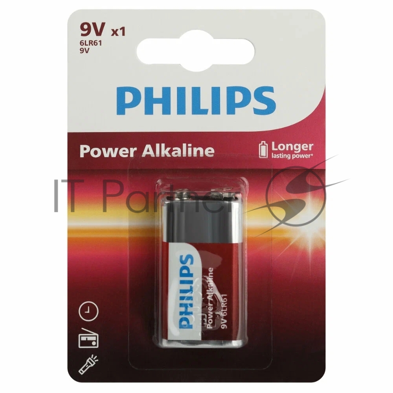 Элемент питания алкалиновый "крона" 6LR61 9В Power (блист. 1шт) Philips Б0062717