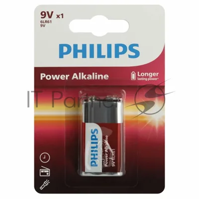 Элемент питания алкалиновый "крона" 6LR61 9В Power (блист. 1шт) Philips Б0062717