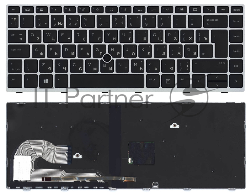 Клавиатура для ноутбука HP Elitebook 840 G5 черная с серебристой рамкой и подсветкой и указателем