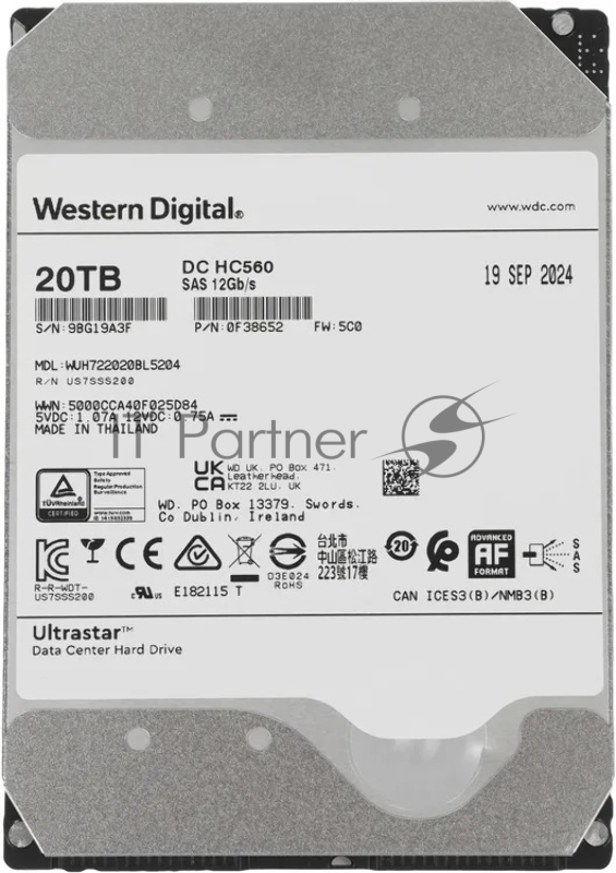 Жесткий диск Western Digital HDD SAS Server 20Tb Ultrastar DC HC560 7200 12Gb/s 512MB 1 year warranty