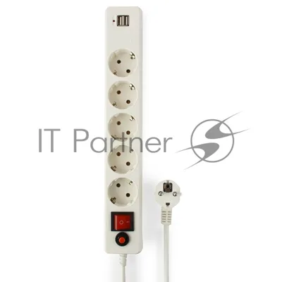 Сетевой фильтр Гарнизон 5 р, 10А, 2xUSB, 1.8 м, ур.защиты 4, белый, пакет