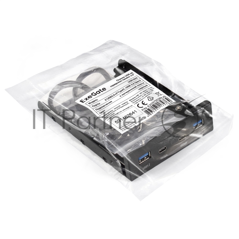 Планка USB на переднюю панель ExeGate U3H-622, 3,5", 2*TypeA +2*TypeC (USB 3.2 Gen2 (SuperSpeed USB 10Gbps), черная, металл, подсоединение к мат. плате)