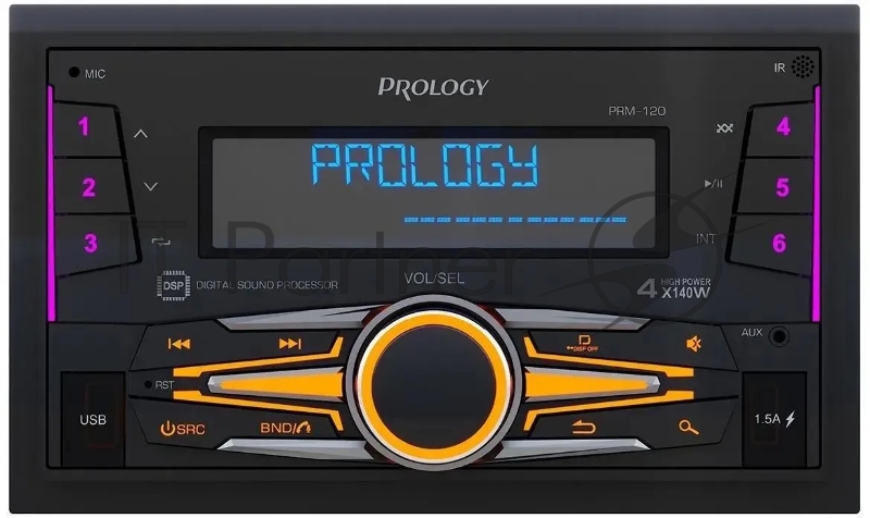 Автомагнитола Prology PRM-120, 2 DIN, Bluetooth, USB Type-A, AUX, пульт ДУ