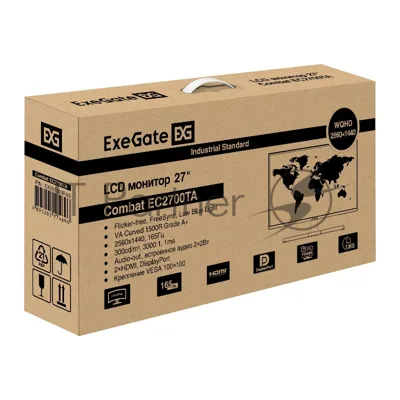 Монитор 27" ExeGate Combat EC2700TA VA 2560x1440, 165 Гц, 1 мс, 16:9, 300 кд/м², 2xHDMI, DisplayPort, изогнутый экран, Flicker Free, Low Blue Light, черный