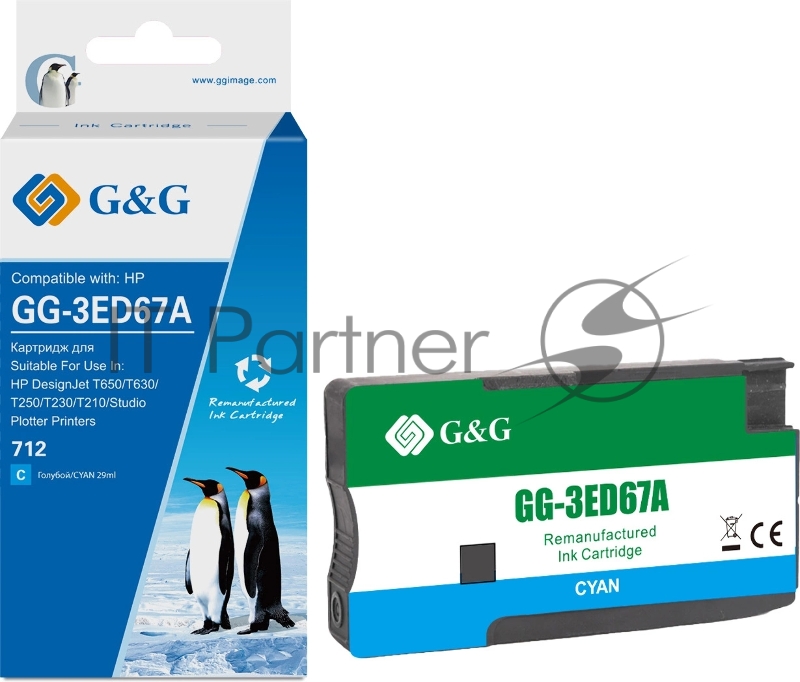 Картридж струйный G&G GG-3ED67A 712 голубой (29мл) для HP DesignJet T650/T630/T250/T230/T210/Studio Plotter Printers