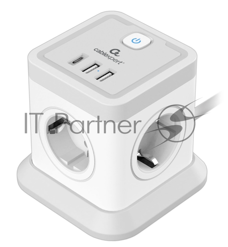Сетевой фильтр Cablexpert Tower, TWR-4-CU2-W-2, 4р, 10А, 1xType-C PD, 20Вт, 2хUSB, 2 м, ур. защиты 2+, белый, коробка