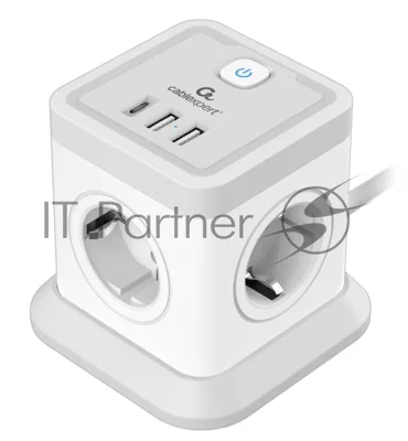 Сетевой фильтр Cablexpert Tower, TWR-4-CU2-W-2, 4р, 10А, 1xType-C PD, 20Вт, 2хUSB, 2 м, ур. защиты 2+, белый, коробка