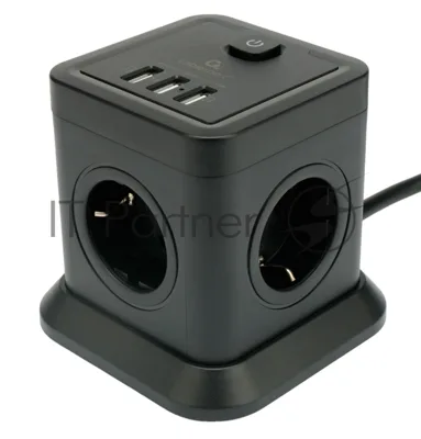 Сетевой фильтр Cablexpert Tower, TWR-4-U3-B-3, 4р, 10А, 3xUSB, 3.1А, 3 м, ур. защиты 2+, черный, коробка