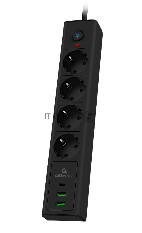 Сетевой фильтр Cablexpert Exnovo, EXN-4-CU2-B-2, 4р,16А, 1xType-C PD, 30Вт, 2хUSB, 2 м, ур. защиты 4+, черный, коробка