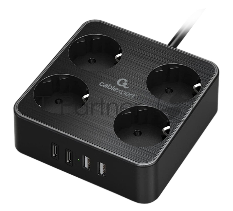 Сетевой фильтр Cablexpert Plate, PLT-4-C2U2-B-2, 4р, 10А, 2xType-C PD, 20Вт, 2xUSB, 2.4A, 2 м, ур. защиты 4+, черный, коробка