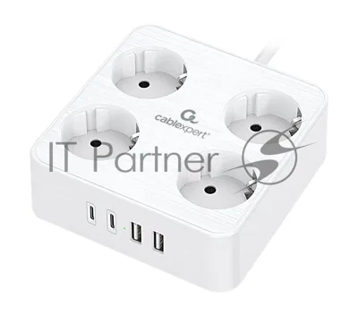 Сетевой фильтр Cablexpert Plate, PLT-4-C2U2-W-2, 4р, 10А, 2xType-C PD, 20Вт, 2xUSB, 2.4A, 2 м, ур. защиты 4+, белый, коробка