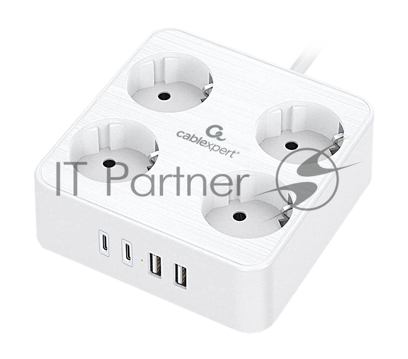 Сетевой фильтр Cablexpert Plate, PLT-4-C2U2-W-3, 4р, 10А, 2xType-C PD, 20Вт, 2xUSB, 2.4A, 3 м, ур. защиты 4+, белый, коробка