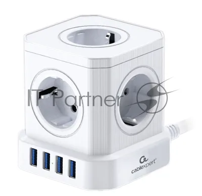 Сетевой фильтр Cablexpert Tower 5 р, TWR-5-U4-W-3, 10А, 4хUSB, 3.1А, 3 м, ур.защиты 4+, белый, коробка