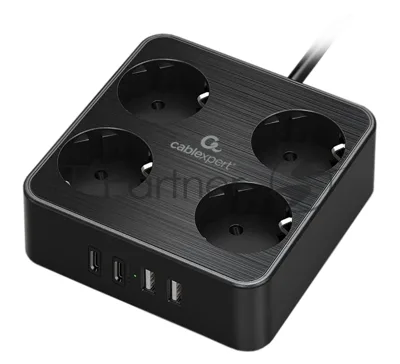 Сетевой фильтр Cablexpert Plate, PLT-4-C2U2-B-3, 4р, 10А, 2xType-C PD, 20Вт, 2xUSB, 2.4A, 3 м, ур. защиты 4+, черный, коробка