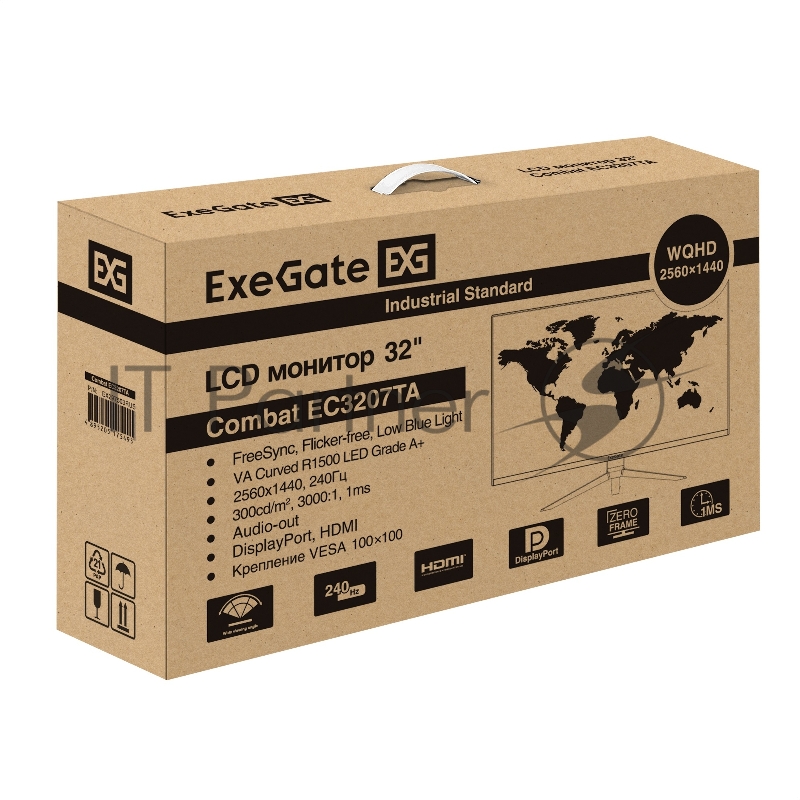 Монитор 31.5" ExeGate Combat EC3207TA VA 2560x1440, 240 Гц, 1 мс, 16:9, 300 кд/м², 1xHDMI, 2xDisplayPort, изогнутый экран, Flicker Free, Low Blue Light, черный
