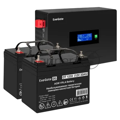 Комплект Источник бесперебойного питания EX295994RUS + батарея 33Aч EX282974RUS 2шт (инвертор, синус, для котла, PF=1, настенный) ExeGate IdealSine SR-1500.LCD.2SH 1500VA/1500W, чистая синусоида, цветной LCD-дисплей, 2*Schuko, крепление настенное, черный + батарея ExeGate DT 1233 (12В, 33А·ч) 2шт