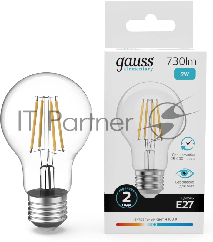 Лампа филам. Gauss Filament 9Вт цок.:E27 груша св.свеч.бел.нейт. (упак.:10шт) (22229)