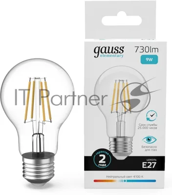 Лампа филам. Gauss Filament 9Вт цок.:E27 груша св.свеч.бел.нейт. (упак.:10шт) (22229)