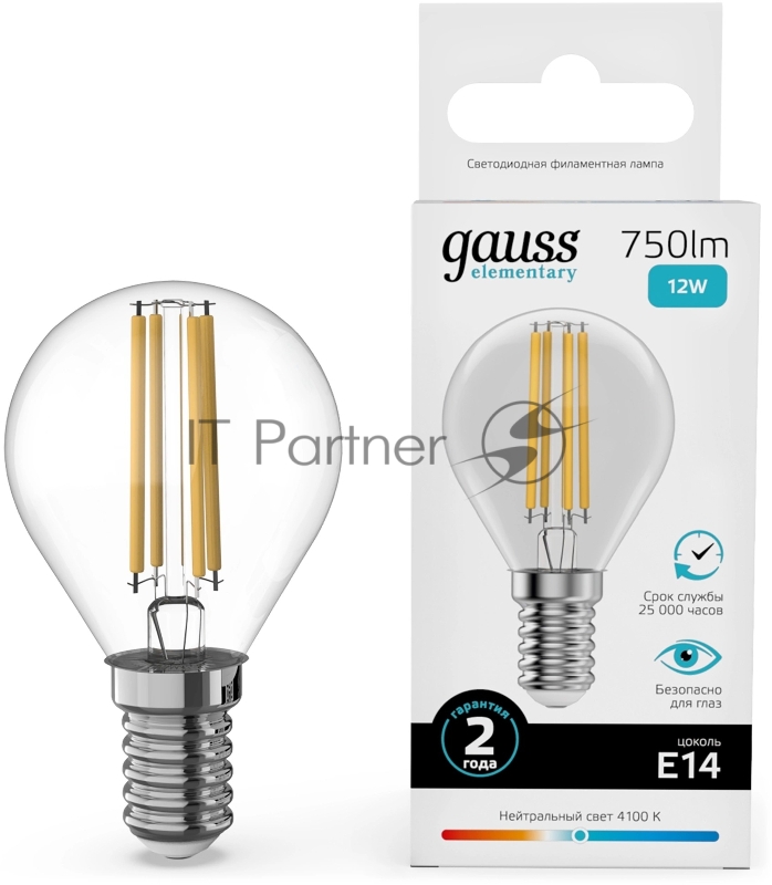 Лампа филам. Gauss Filament 12Вт цок.: E14 шар св. свеч. бел. нейт. (упак.: 10 шт) (52122)