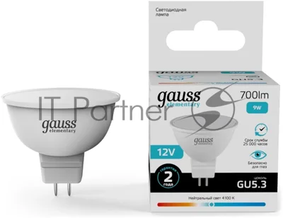 Лампа светодиодная Gauss Elementary 9Вт цок.: GU5.3 софит 12B св. свеч. бел. нейт. (упак.: 10 шт)