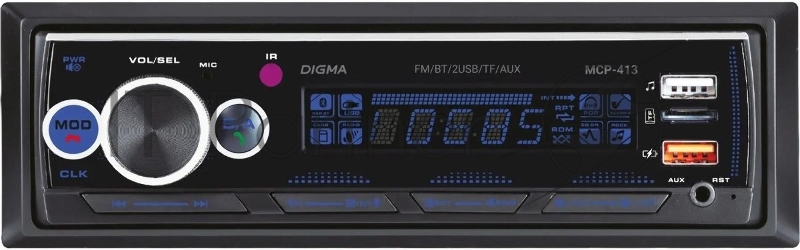 Автомагнитола Digma MCP-413, 1 DIN, Bluetooth, USB Type-A, AUX, пульт ДУ