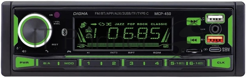 Автомагнитола Digma MCP-450, 1 DIN, Bluetooth, USB Type-A, AUX, пульт ДУ