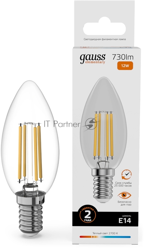 Лампа светодиодная филаментная Gauss Filament 12Вт цок.:E14 свеча св.свеч.бел.теп. (упак.:10шт)