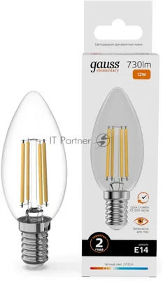 Лампа светодиодная филаментная Gauss Filament 12Вт цок.:E14 свеча св.свеч.бел.теп. (упак.:10шт)