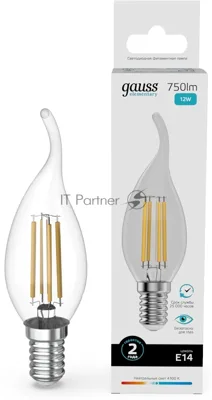 Лампа филам. Gauss Filament 12Вт цок.:E14 свеча св.свеч.бел.нейт. (упак.:10шт) (42122)