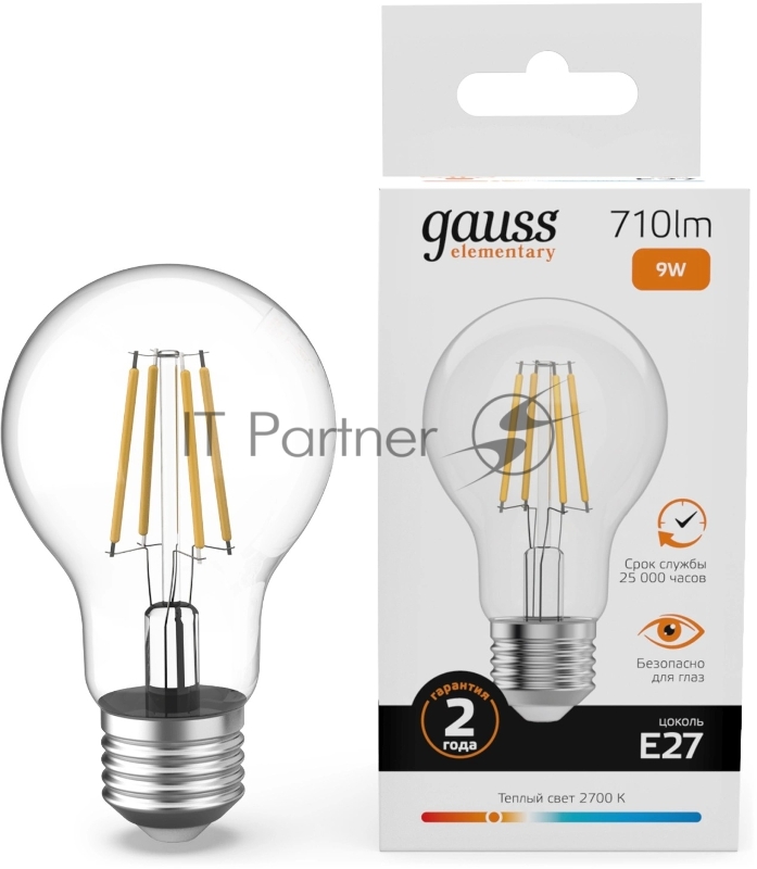 Лампа светодиодная филаментная Gauss Filament 9Вт цок.: E27 груша св. свеч. бел. теп. (упак.: 10 шт)