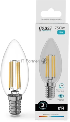 Лампа светодиодная филаментная Gauss Filament 12Вт цок.:E14 свеча св.свеч.бел.нейт. (упак.:10шт)