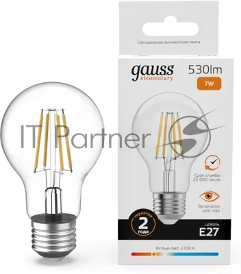 Лампа светодиодная филаментная Gauss Filament 7Вт цок.: E27 груша св. свеч. бел. теп. (упак.: 10 шт)