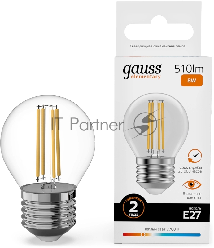 Лампа филам. Gauss Filament 8Вт цок.:E27 шар св.свеч.бел.теп. (упак.:10шт) (52218)