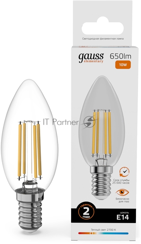 Лампа светодиодная филаментная Gauss Filament 10Вт цок.: E14 свеча св. свеч. бел. теп. (упак.: 10 шт)