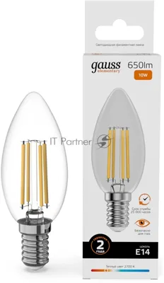 Лампа светодиодная филаментная Gauss Filament 10Вт цок.: E14 свеча св. свеч. бел. теп. (упак.: 10 шт)