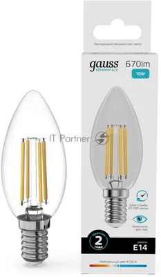 Лампа филам. Gauss Filament 10Вт цок.:E14 свеча св.свеч.бел.нейт. (упак.:10шт) (32120)