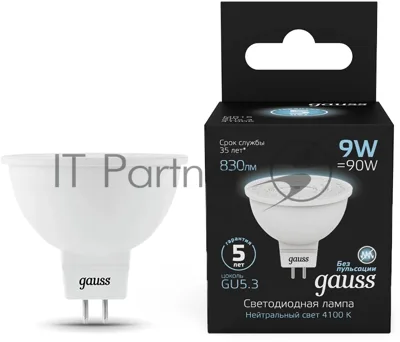 Лампа светодиодная Gauss 101505209 9Вт цок.: GU5.3 рефлек. 150B св. свеч. бел. нейт. MR16 (упак.: 10 шт)