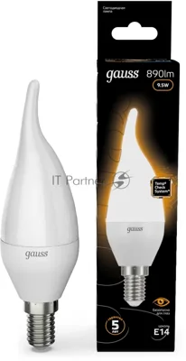 Лампа светодиодная Gauss 9.5Вт цок.:E14 свеча 220B св.свеч.бел.теп. (упак.:10шт) (104101110)