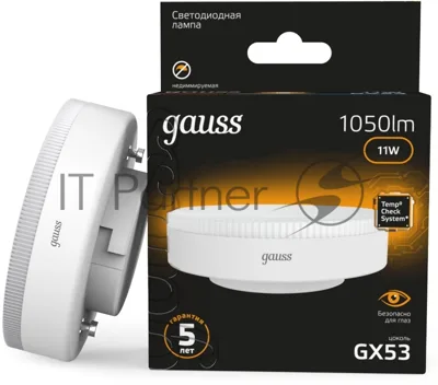 Лампа светодиодная Gauss 108008111 11Вт цок.:GX53 таблетка 220B св.свеч.бел.теп. (упак.:10шт)
