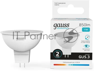 Лампа светодиодная Gauss Elementary 13521 11Вт цок.:GU5.3 софит 180B св.свеч.бел.нейт. MR16 (упак.:10шт)
