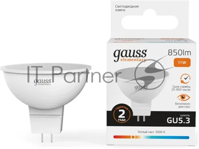 Лампа светодиодная Gauss Elementary 13511 11Вт цок.:GU5.3 софит 180B св.свеч.бел.теп. MR16 (упак.:10шт)