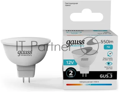 Лампа светодиодная Gauss Elementary 7Вт цок.: GU5.3 софит 12B св. свеч. белый. нейт. (упак.: 10 шт) (11527)