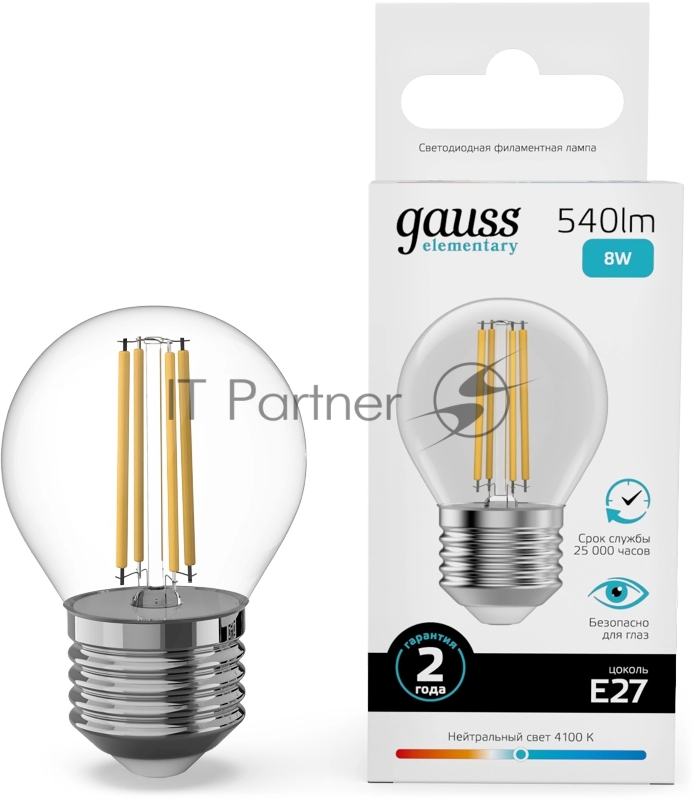 Лампа светодиодная филаментная Gauss Filament 8Вт цок.: E27 шар св. свеч. бел. нейт. (упак.: 10 шт)