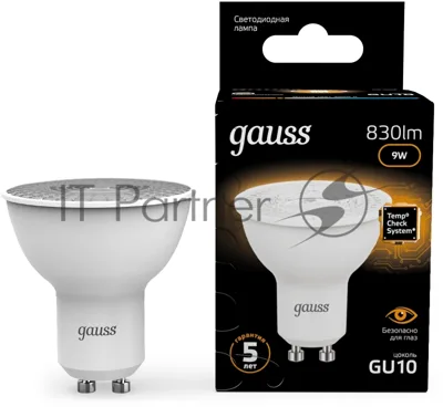 Лампа светодиодная Gauss 101506109 9Вт цок.:GU10 рефлек. 150B св.свеч.бел.теп. MR16 (упак.:10шт)