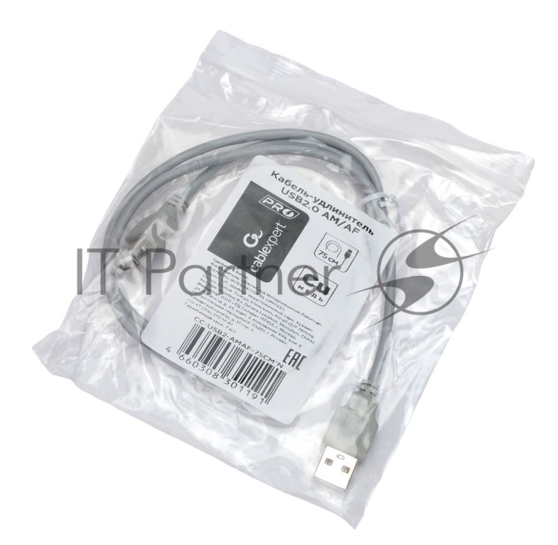Кабель-удлинитель USB2.0 Cablexpert CC-USB2-AMAF-75CM-N, AM/AF, медь, Pro, 75 см, серый, пакет