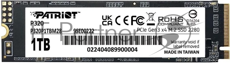 Накопитель SSD Patriot P320, 1Tb, PCIe 3.0 x4, M.2 2280, NVMe, R/W 3000/2200