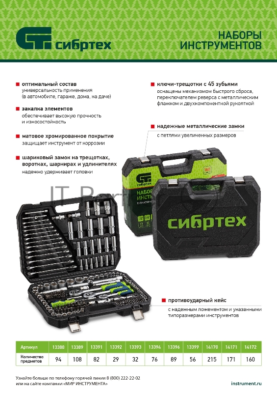 Набор инструментов Сибртех, 1/2", 3/8", 1/4", пластиковый кейс 172 предметов